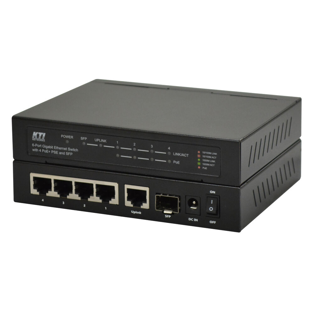 KTI Networks KGS-0601-4HP 6-Port Gigabit Ethernet Switch with 1 dual-speed SFP Slot and 4 PoE+ PSE Ports