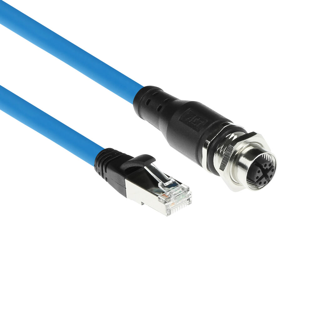 ACT SC4950 Industrial Sensorkabel | M12X 8-Polig Female Chassis naar RJ45 | Superflex SF/UTP TPE kabel | Afgeschermd | IP67 | Blauw | 1,5 meter