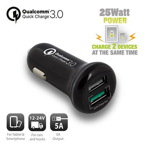 Ewent EW1352 Quick Charge USB Autolader 2 poorts 5A Zwart | Kabels.nl